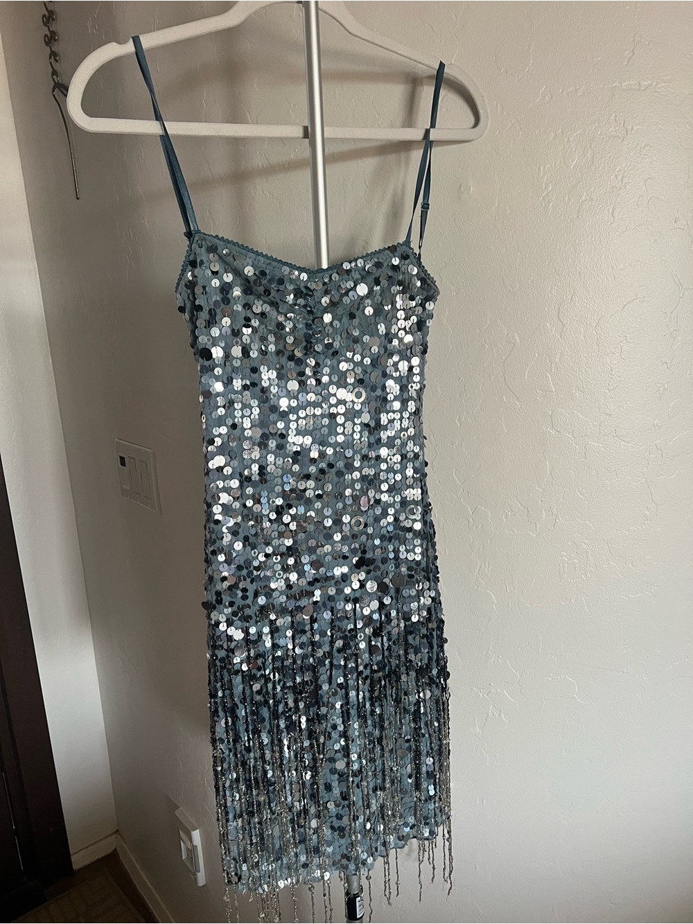 Marciano Silver Sequin Fringe Mini Dress